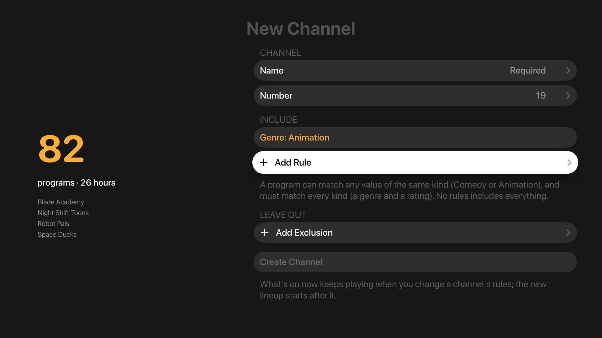 The Channel Builder counting 82 programs for an Animation channel