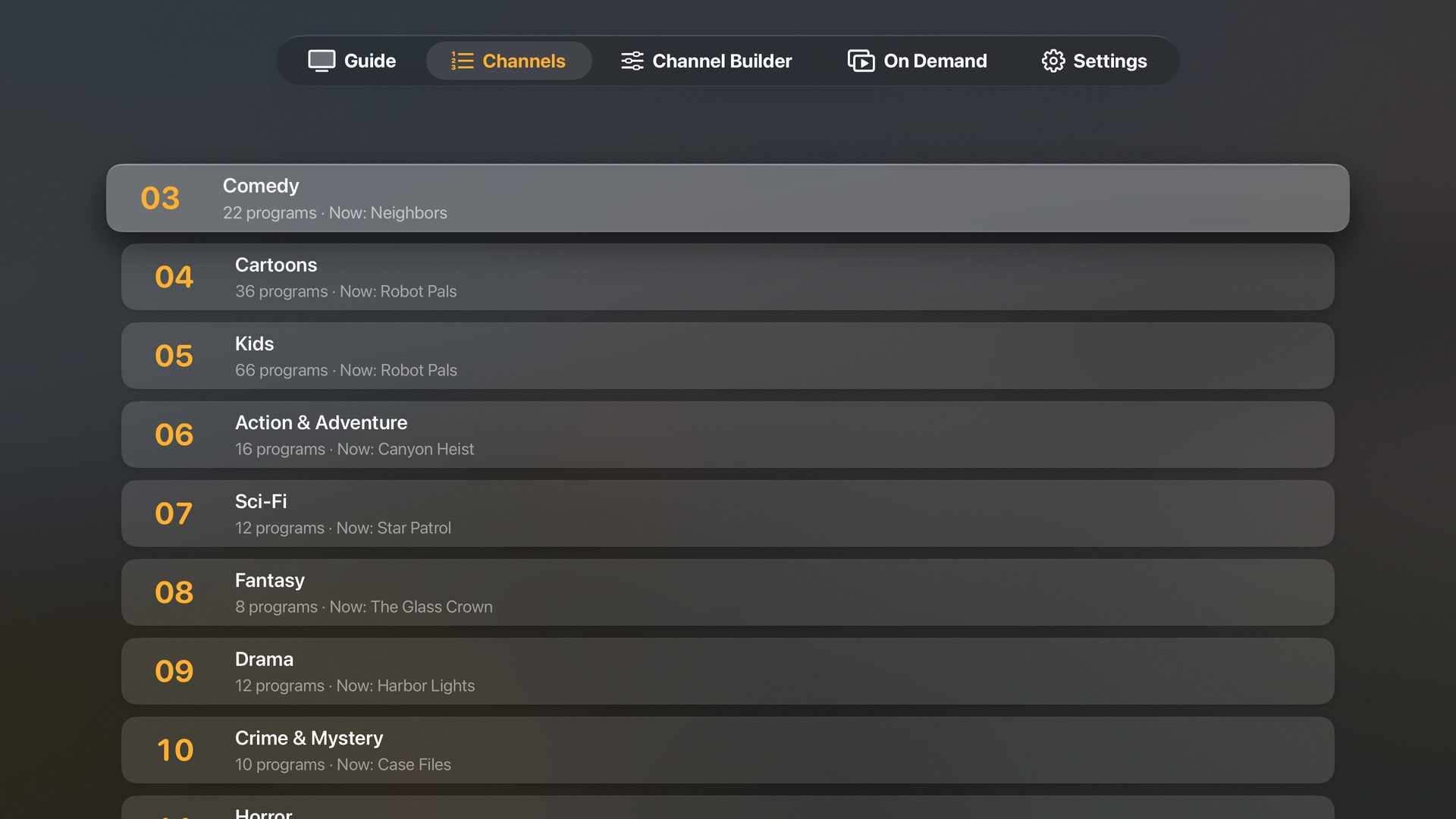 The channel lineup with what's on now on each channel