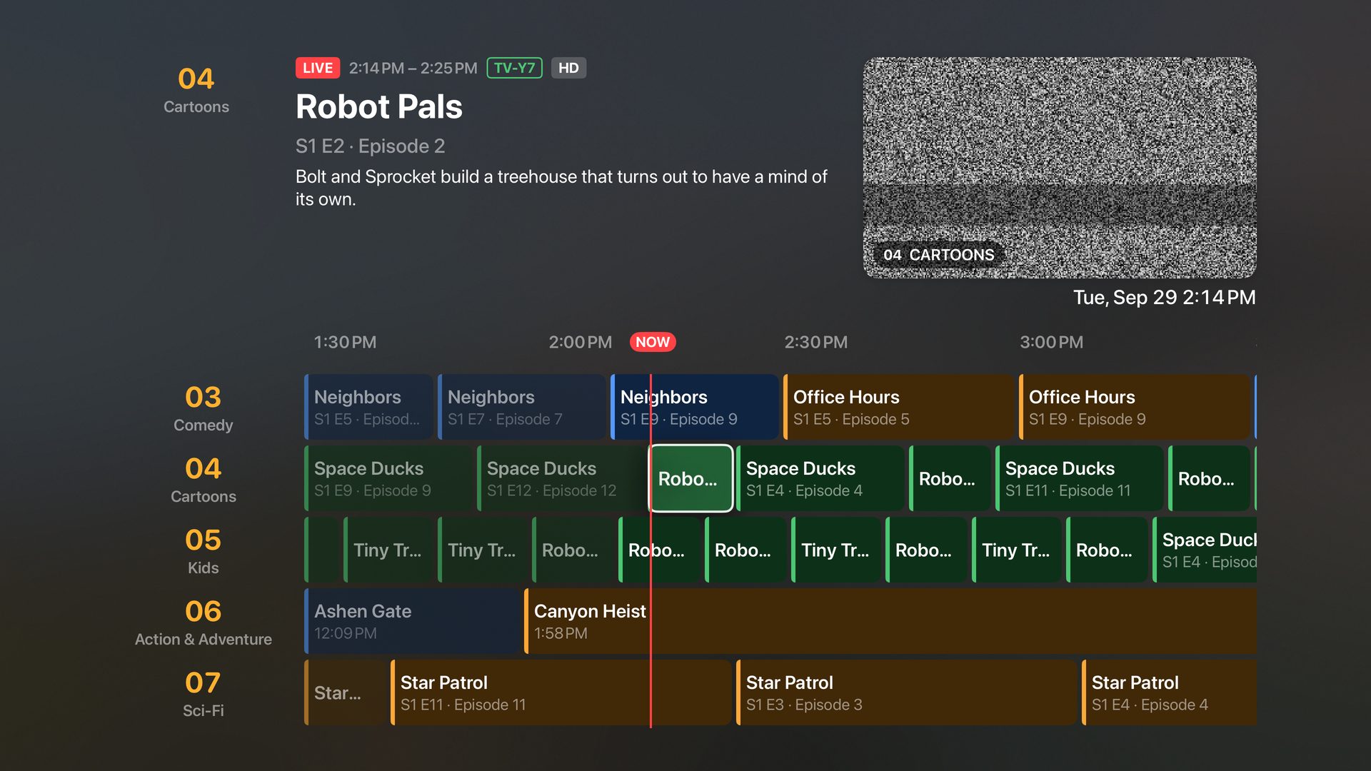 The Cable Box program guide: channels down the side, programs across a timeline, and a live preview changing channel